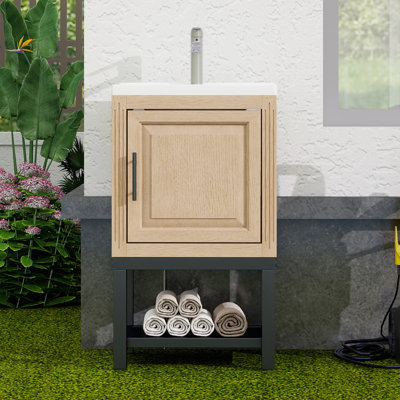 Petit meuble-lavabo de 20 po avec lavabo et robinet d'eau chaude et froide, armoire de salle de bain autoportante avec lavabo en céramique blanche, rangement pour salle de bain avec 1 porte et tablette ouverte en fer