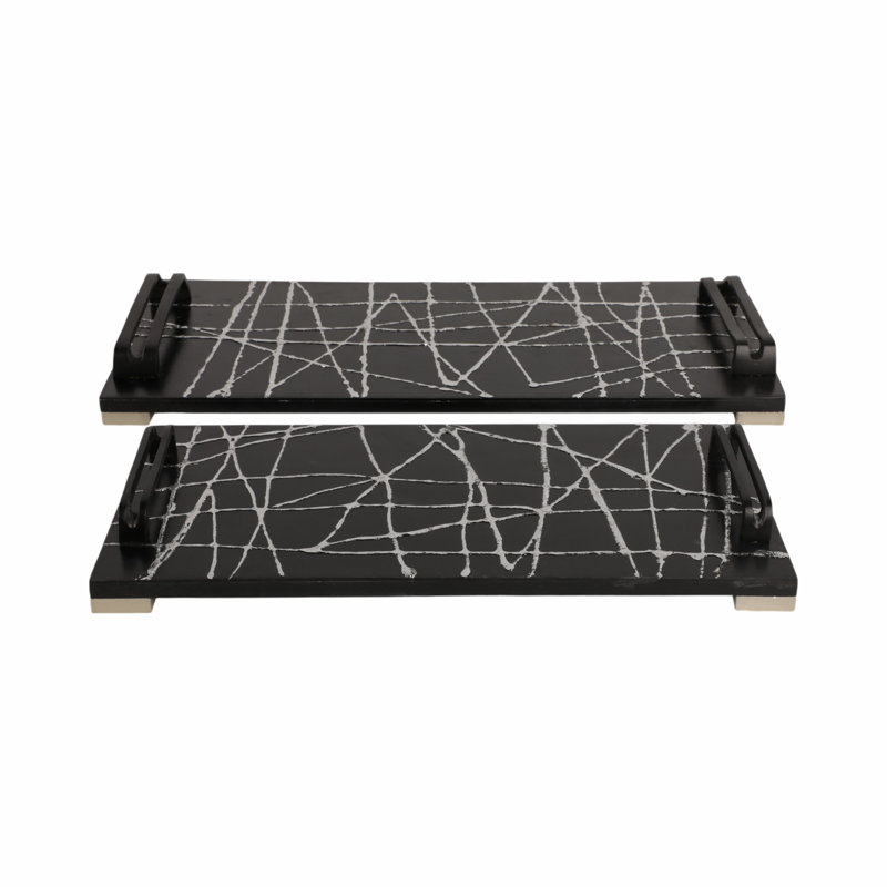 Dubach 18 and 22" Pratt Black Resin Rectangle Trays, 2"H, Abstract Pattern, Set of 2 - 22" x 10" x 2"