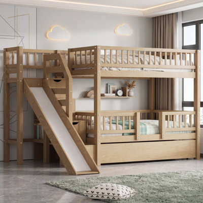 Twin over Twin Bunk Bed with Storage Staircase, Slide and Trundle, Walnut