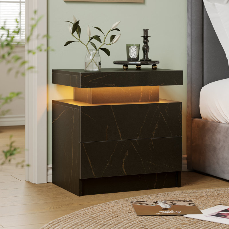 Table de chevet moderne avec lumière DEL et 2 tiroirs, Noir et or