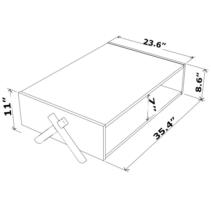 Table basse rectangulaire en bois massif, conception à pieds croisés, finition noyer avec tablette intérieure pour les meubles de salon: pieds de table, bois et option de rangement intérieur