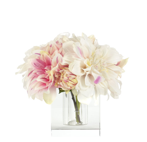Dahlia, Pink White, Glass Vase, 8wx8dx7h