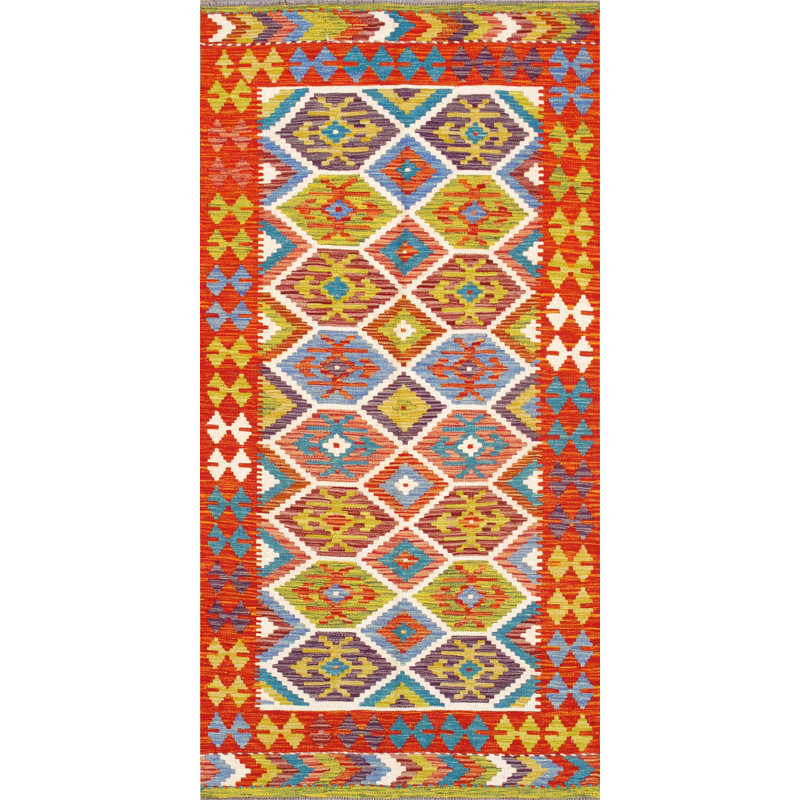 Tapis unique vert / orange / blanc / bleu de 3 pi 5 po x 6 pi 10 po Kilim