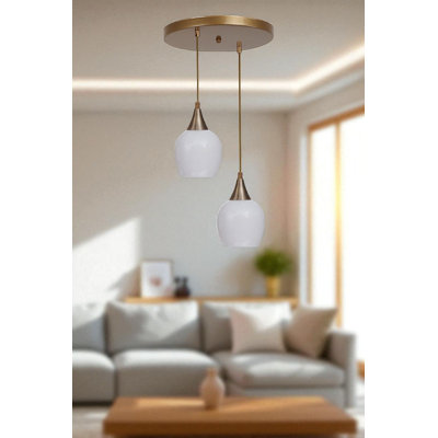 Elegant White and Gold Chandelier, Adjustable Height, Metal Body, 12 x 7.5 inches | Base Plate: 10 x 1.2 inches | 2 x E27 Max 40W Sockets (Bulb Not Included) | Modern Lighting Fixture for Living Room & Dining Room Decor
