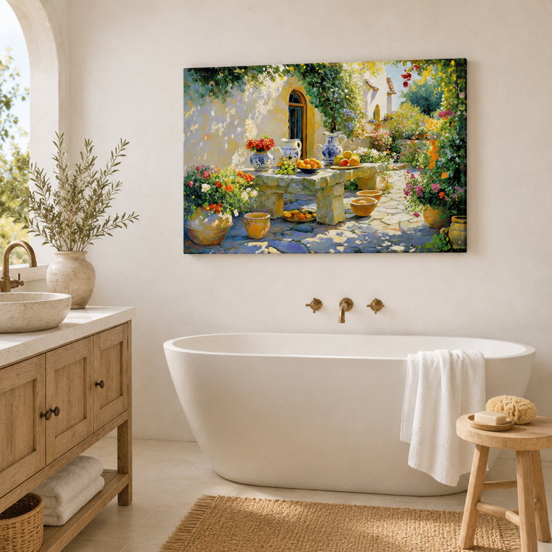 «Courtyard Flowers and Fruit Table», art mural sur toile tendue, H 36 po x l 48 po