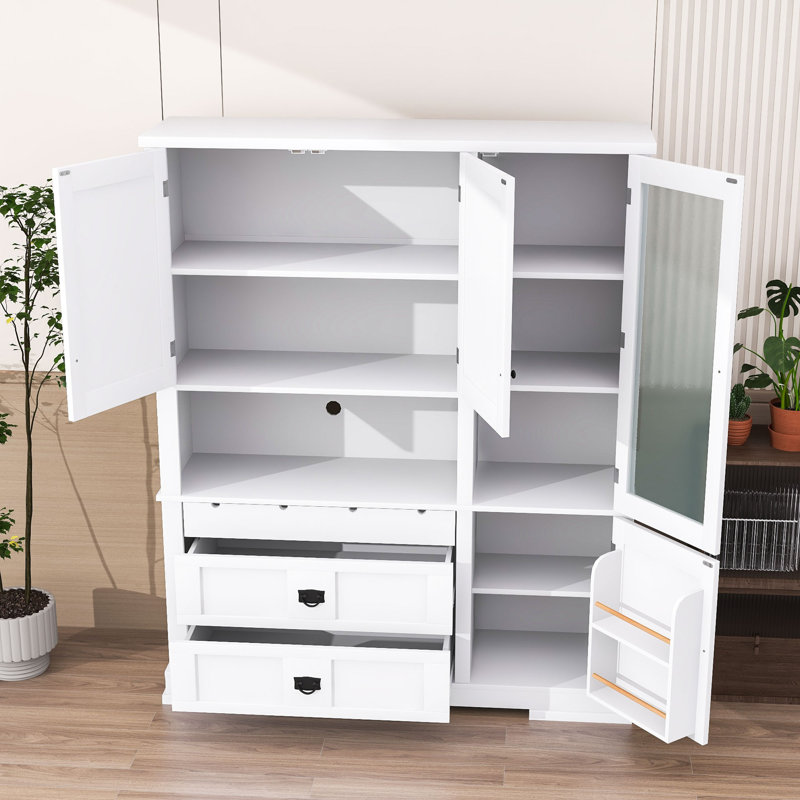 Buffet de cuisine autoportant avec huche, tablettes réglables, poste de travail à micro-ondes et tiroirs, Blanc