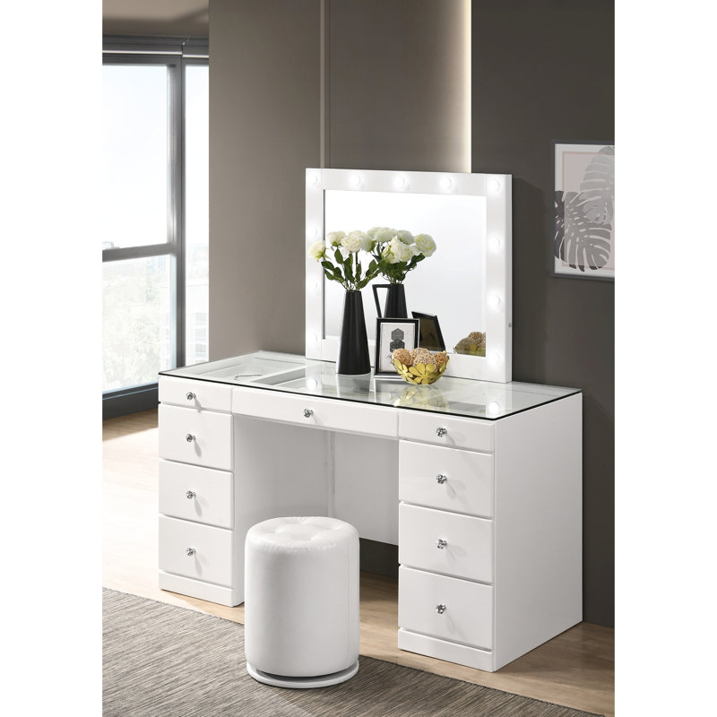 Meuble-lavabo blanc de style contemporain avec 9 tiroirs, plateau en cristal et en verre, meubles de chambre à coucher, H 23,21 po x 57 po, l 31 po de hauteur
