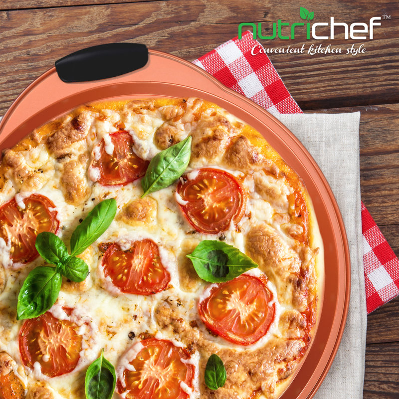 NutriChef Copper Non-Stick Pizza Tray with Silicone Handles