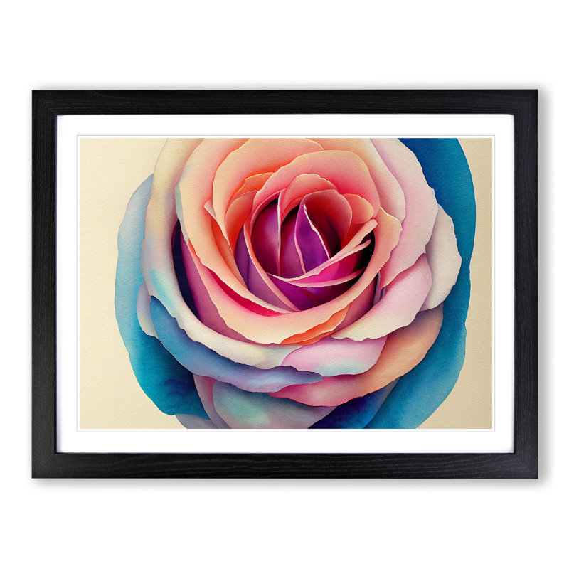 Watercolour Rose Flower Vol.4 - Single Picture Frame Print, 46cm H x 64cm W, Black