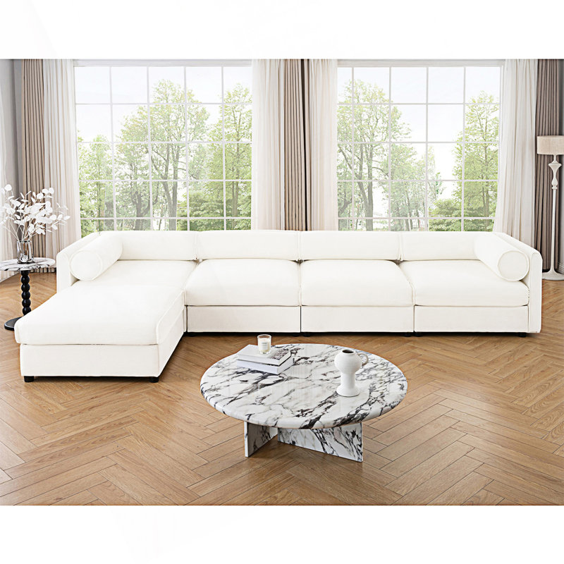 Modular Sectional Sofa With Storage, 4 Seat L- Shaped Sofa, White Chenille