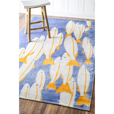 Tapis bleu / beige à motif abstrait noué à la main Korovia