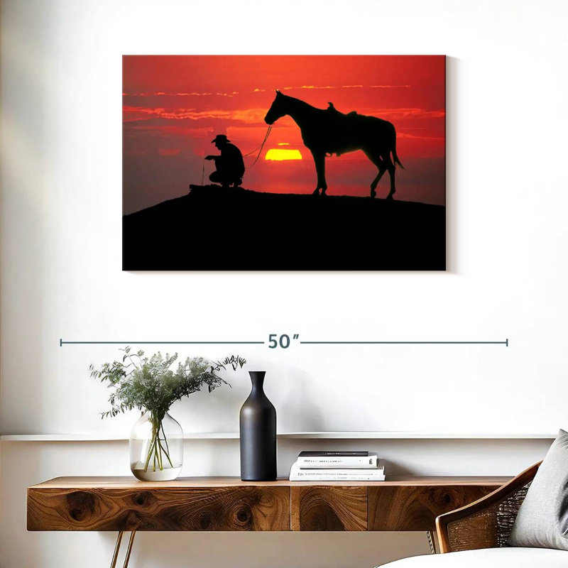 Cowboy du Texas au coucher du soleil, H 24 po x l 36 po