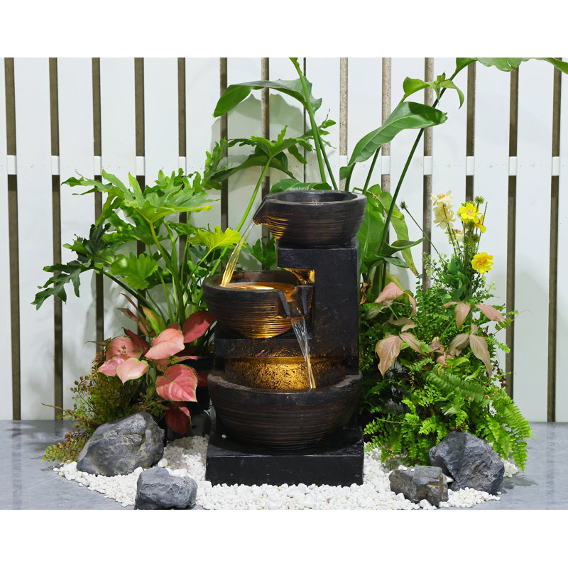 Cascading Bowl Fountain with Dual Warm White LED Lights, Black, 24" H x 13.5" W x 11.15" D