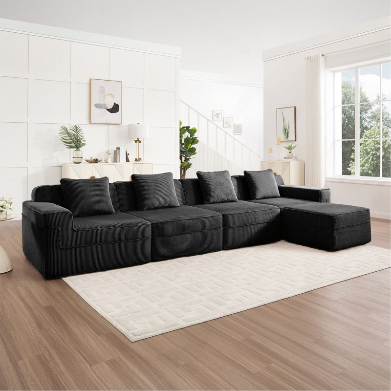 Canapé modulaire modulaire en L à 4 places sans os, canapé modulaire Cloud avec assise profonde, canapé modulaire moderne à 4 places avec coussins décoratifs et 1 repose-pieds mobile, tissu en velours côtelé