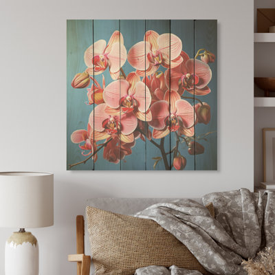 Orchidées néon rose Pop I - Orchidées sur bois de pin naturel