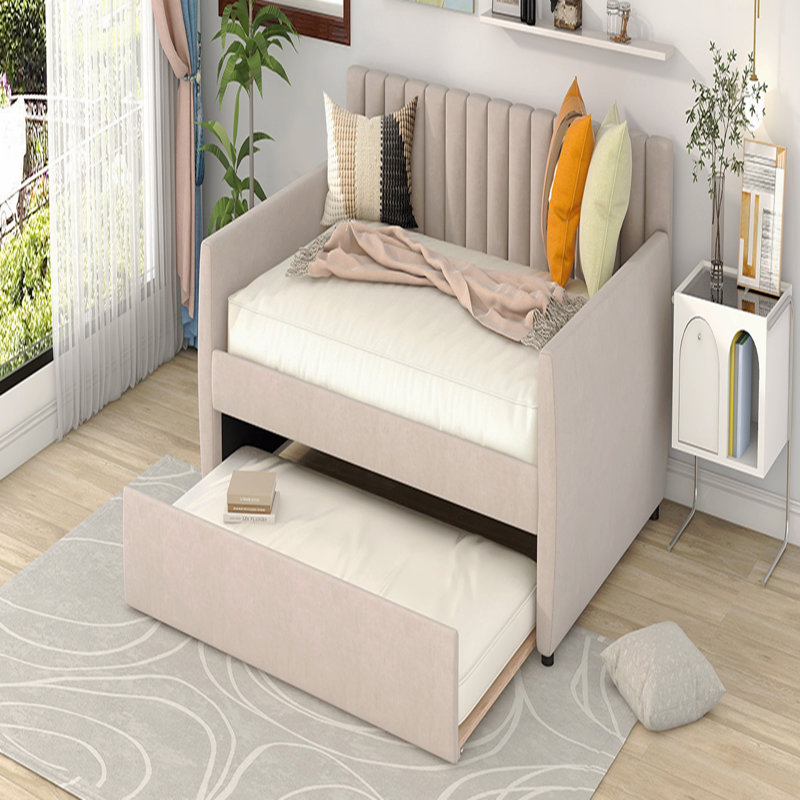 Lit de jour double rembourré avec support pour lit gigogne et lattes de bois, Beige
