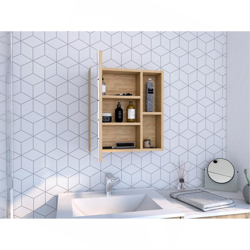 Pharmacie avec miroir, cinq tablettes internes, porte simple - pin, Beige