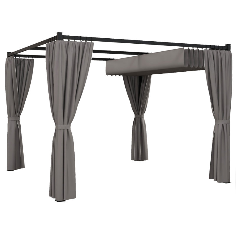 3 X 3m Moving Canopy Metal Pergola With 4 Side Curtains, Pu Coated Retractable Roof, Rust-resistant Frame, 16 Ground Stakes & 8 Expansion Screws, Outdoor Patio Garden Gazebo, Grey