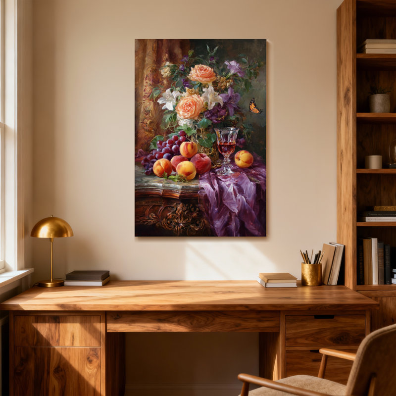 Nature morte avec plantes, fleurs, fruits et vin, H 36 po x l 24 po
