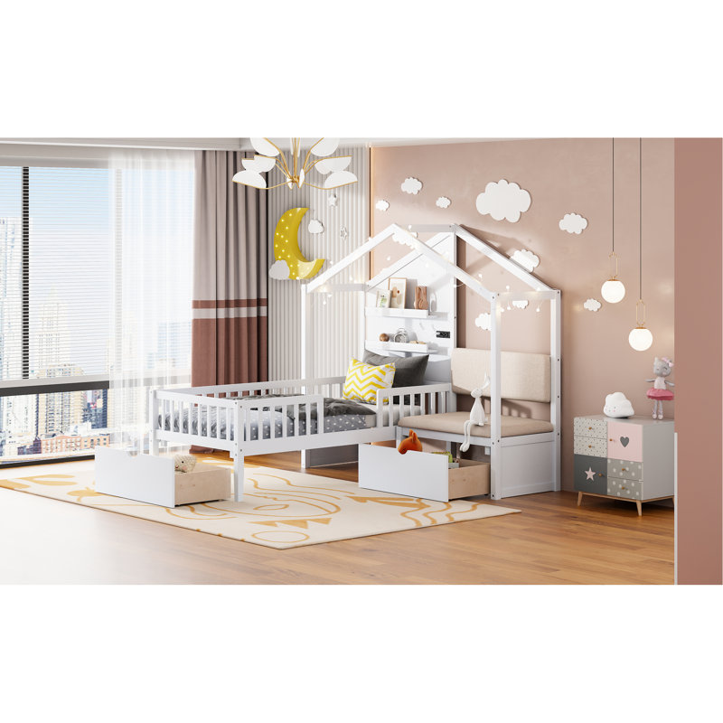 Lit simple blanc avec revêtement, capacité de charge, charge sans fil, tablettes, deux tiroirs pour une installation de taille stable, alimentation