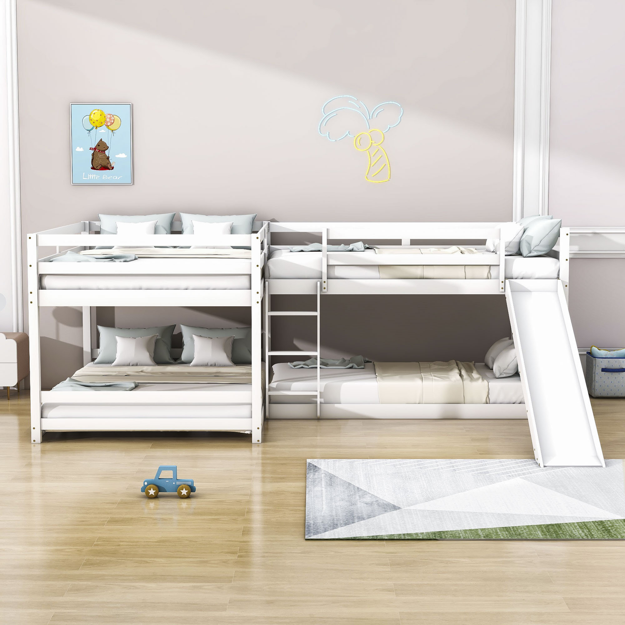 Harriet Bee Faso LShaped Quad Wood Bunk Bed, Full over Full and Twin
