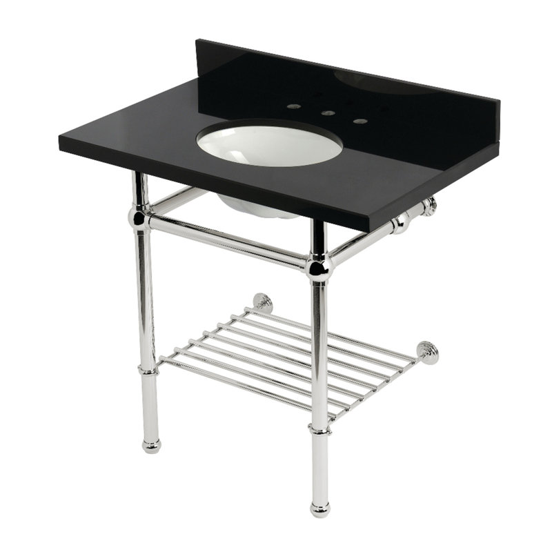 Kingston Brass Templeton 36-Inch Black Granite Console Sink with Brass Legs and Shelf (8-Inch, 3-Hole)