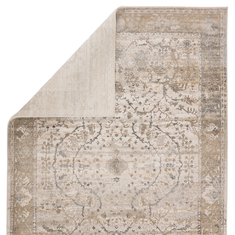 Large Gray and Beige Oriental Viscose Area Rug