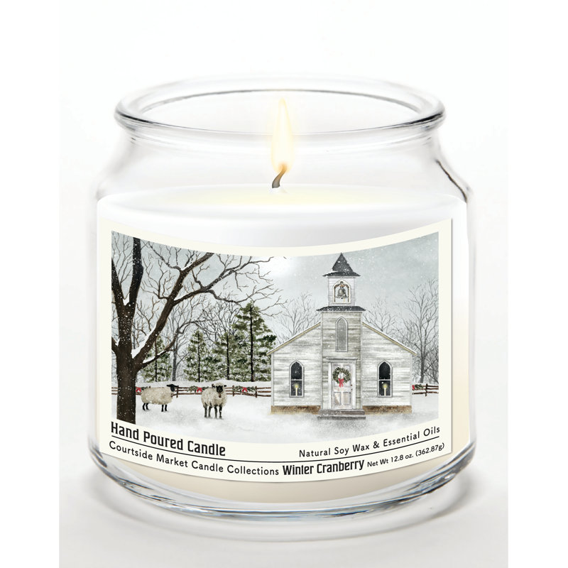 Bougie en pot de verre de 400 g (14 oz) avec couvercle en métal argenté brossé, motif chapelle de Noël