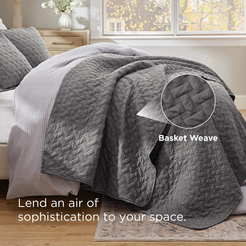 Bedsure Quilts King Size - Grey Bedspreads King Size with Basket Weave Pattern, Soft Quilt Bedding Set, Lightweight Comforter Set Coverlet for All Seasons with 2 Pillow Shams (106" x 96")