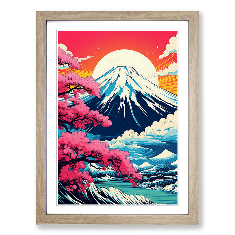 Mount Fuji Pop - Single Picture Frame Print on Wood, Oak, 64cm H x 46cm W x 2cm D