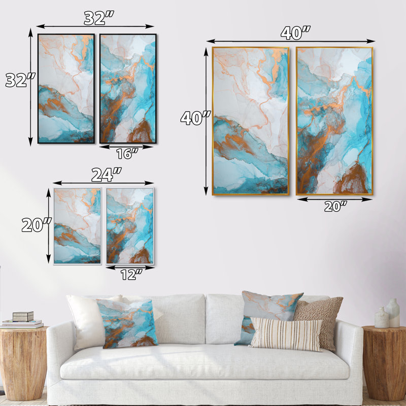 «Luxury Gold Turquoise Marbré Flow Art II», ensemble de 2 impressions sur toile, 32" H x 32" W x 1" D, Cadre flottant doré