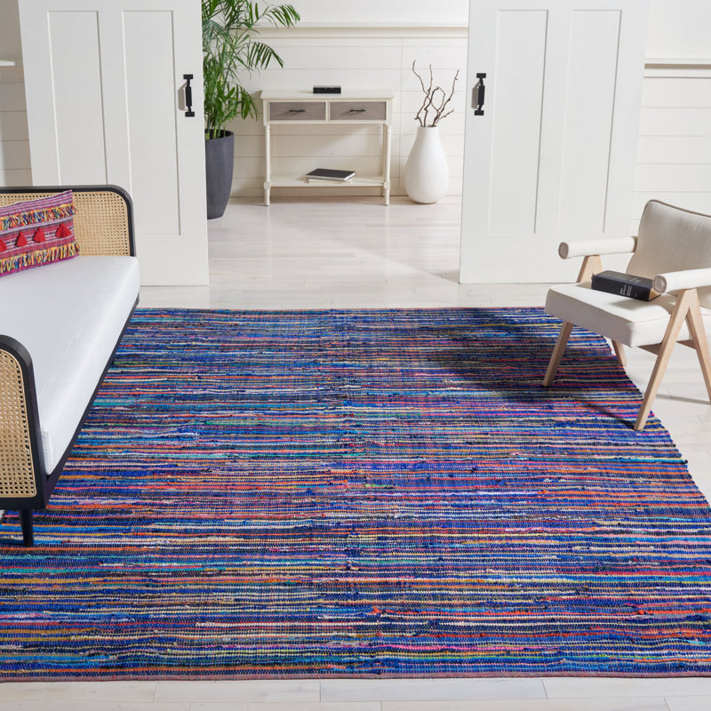Fales Rag Rug Hand Woven Cotton Striped Rug, Rectangle 8' x 10'