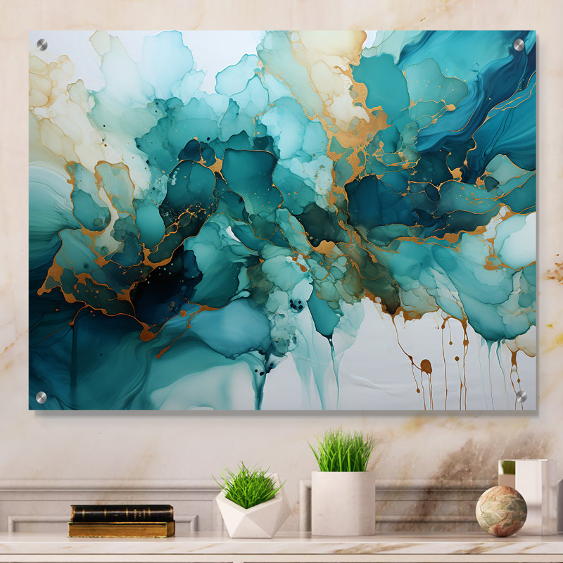 Bleu sarcelle doré abstrait fractal mystique Mirage III - art mural moderne fractales en acrylique, H 16 po x l 32 po