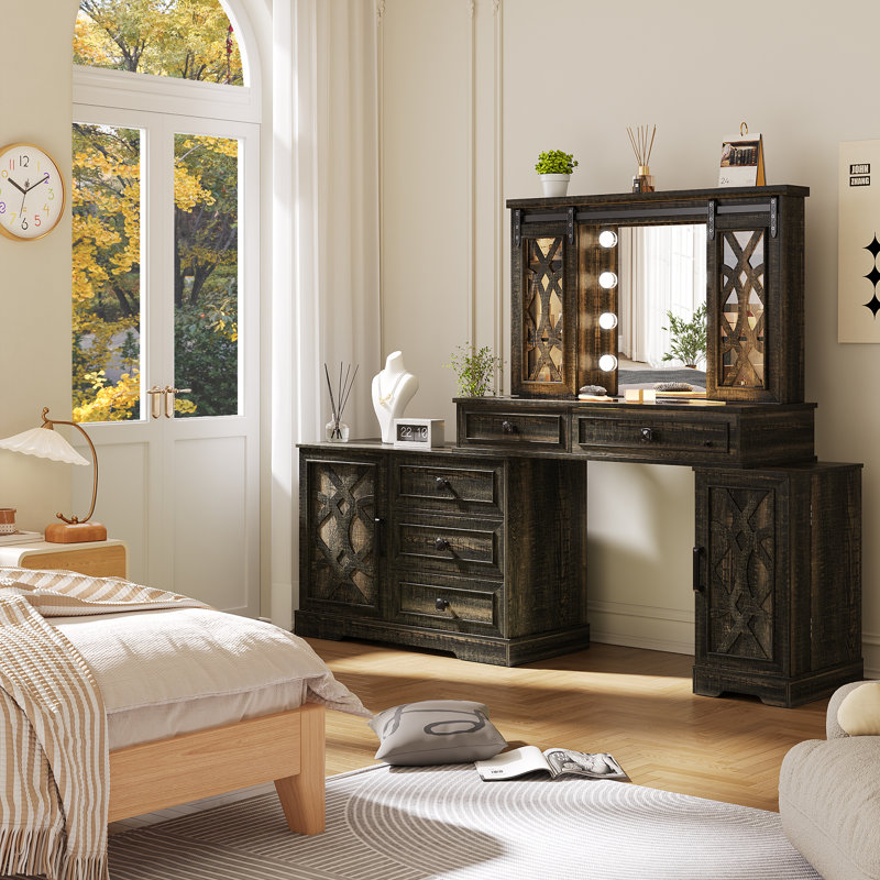 Makeup Vanity with Light and Storage Cabinet, Rustic Brown