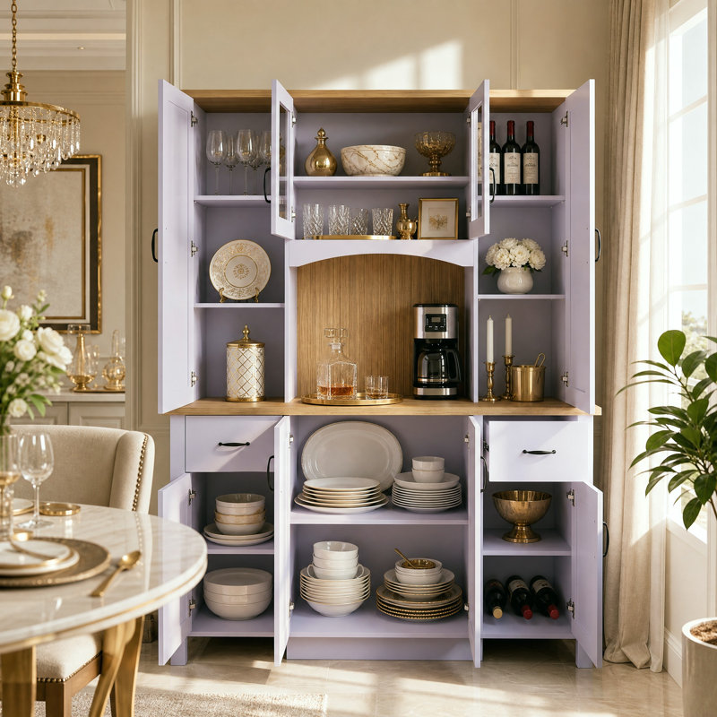 Armoire de cuisine de grande taille (66,9 po) de largeur avec vaisselier, portes vitrées, 2 tiroirs et étagères réglables
