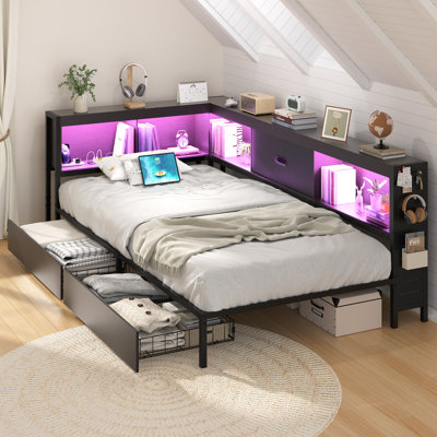 LED Twin Size Corner Bed With Charging Station And 2 Drawers Teen Bed With Bookcases by Ivy Bronx