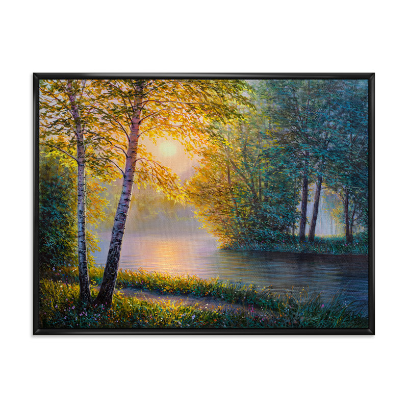 «Morning Summer With Beautiful River Spring Forest», peinture sur toile, H 12 po x l 20 po x p 1 po, Cadre flottant noir