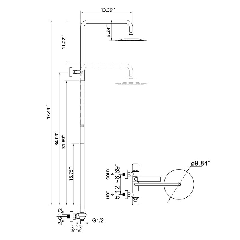 Ensemble de robinet de douche thermostatique à hauteur réglable 10 po avec douche à main