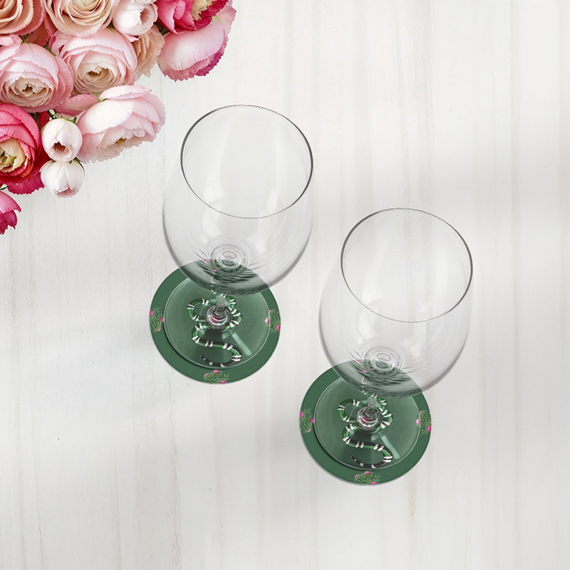 Thistle And Snake Pink Vegan Leather Round Coasters, Evergreen