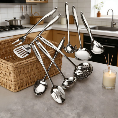 9-Piece Stainless Steel Kitchen Utensil Set - Professional Grade 18/10 Stainless Steel, Forged One-Piece Construction With Mirror Polish, Includes Solid Spoon, Slotted Spoon, Spatula, Ladle, Skimmer, Fork, Spaghetti Spoon, And Turner