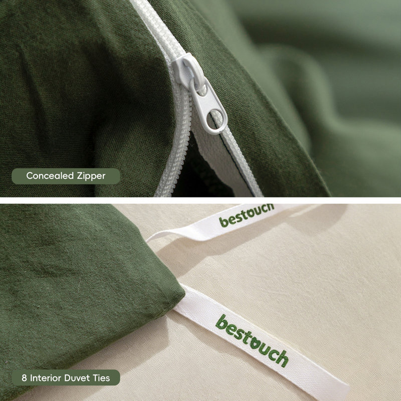 BESTOUCH Duvet Cover Set 100% Washed Cotton Linen Feel Lightweight, Queen Duvet Cover + 2 Standard Pillowcases, Olive Green