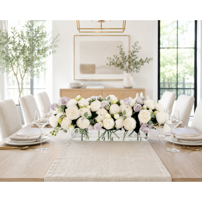16” White Lavender Rose Peony Arrangement Modern Artificial Faux Centerpiece