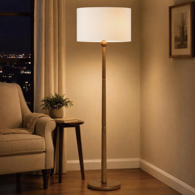 65" Retro Solid Walnut Wood Floor Lamp with Sculpted Segmented Pole and Ball Accent, Cream Linen Drum Shade, UL Certified for Living Room, Bedroom, Study Room or Home Office