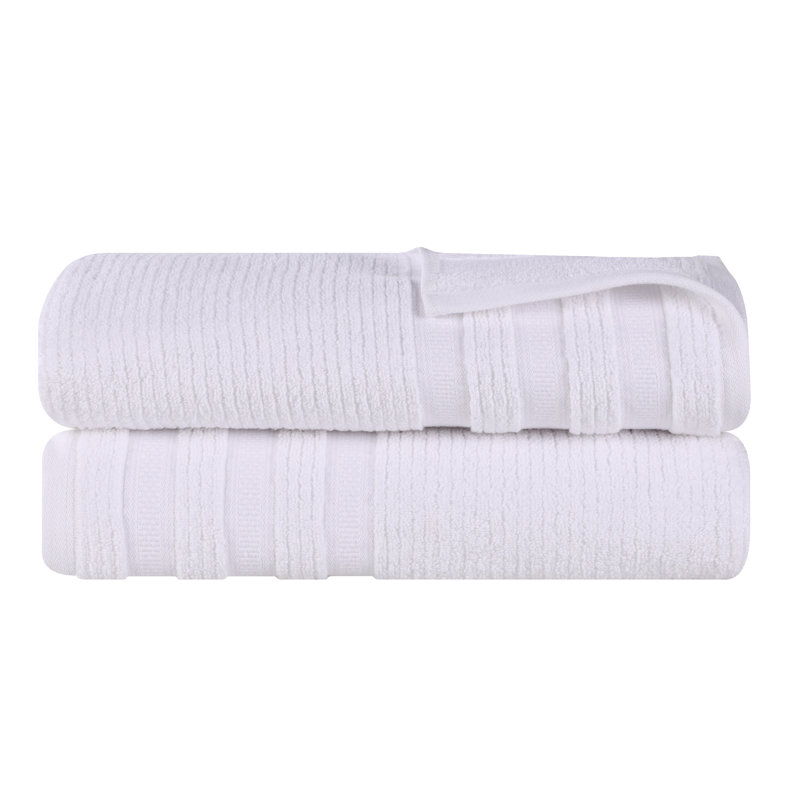 Zero Twist Cotton Ribbed Modern Geometric Border Soft Highly-Absorbent Bath Sheet Set, White