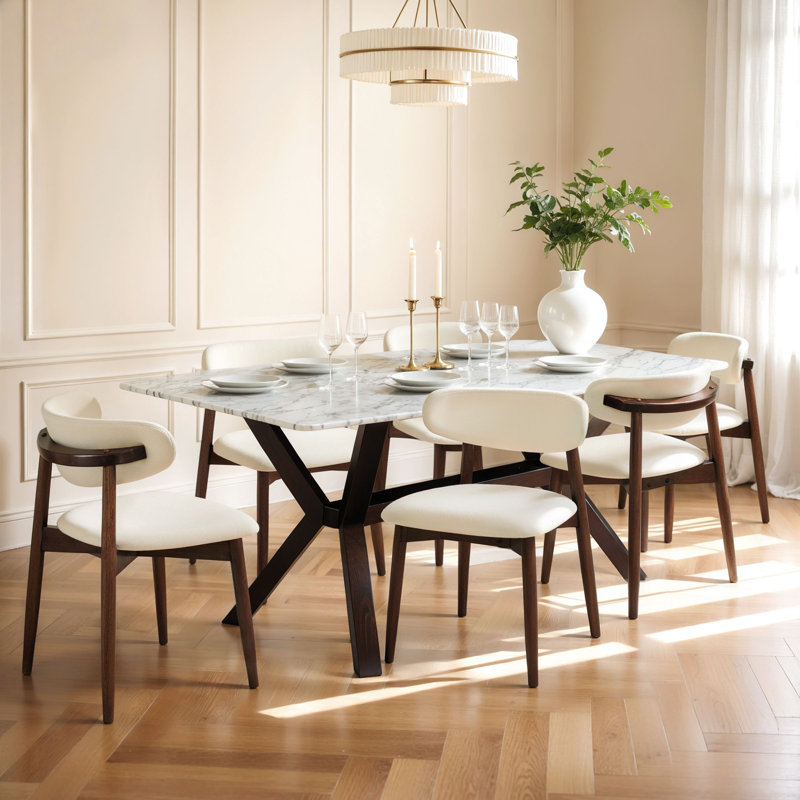 7-Piece Marble Solid Wood Dining Set With Upholstered Kitchen Chairs, 7 Pieces: Table, 6 Chairs