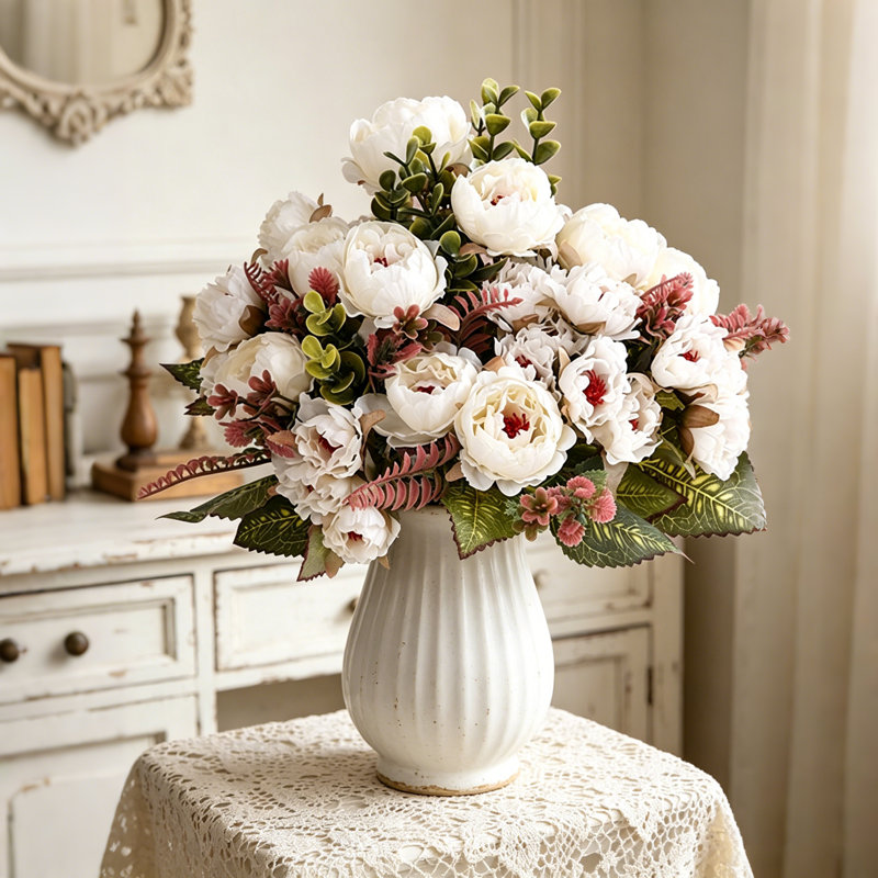 Ensemble de 3 bouquets de pivoines artificielles avec verdure pour décoration de mariage, White