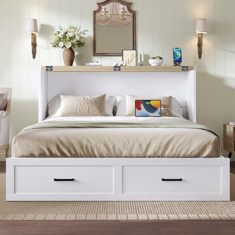 Grand lit escamotable avec station de charge et grand tiroir de rangement, Blanc, Grand lit