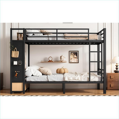 Teen Bedrooms and Dormitories Modern Twin XL Over Twin XL Metal Bunk Bed with Integrated Storage and Customizable Pegboard in Sleek Black