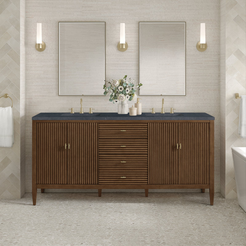 Myrrin 72'' W Double Vanity, Mid-Century Walnut, Charcoal Soapstone, 8" Widespread