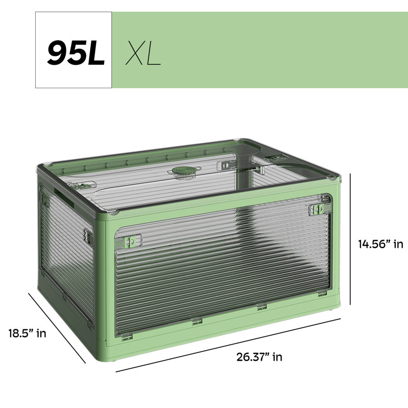 Extra Large Collapsible Storage Box Bin, 5 Side Clear Open Access Stackable w/ Lid, Green